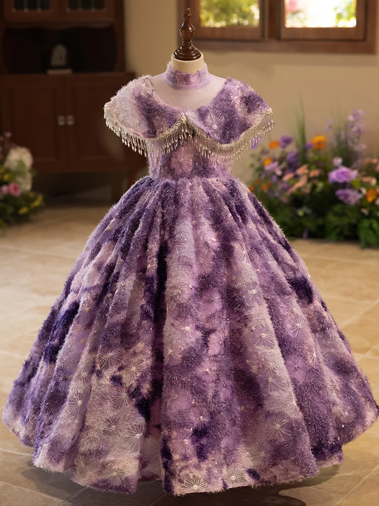 Girls' Pearl Tassel Princess Dress New Fashionable Luxurious Sequined Long Dress Carnival Birthday Party Catwalk Evening Dress