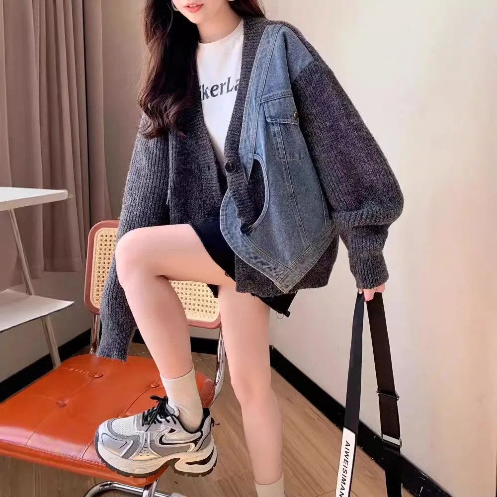 

Niche Designer Asymmetrical Cropped Knit Denim Patchwork Cardigan Autumn Winter Women's Fashion Versatile Warm Sweater Jacket