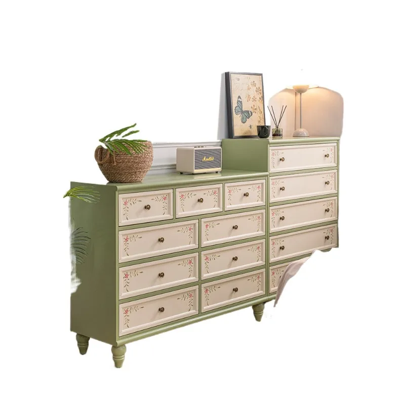 

American bucket cabinet, living room corner cabinet, green solid wood retro painted five-bucket nine-bucket cabinet, bedroom