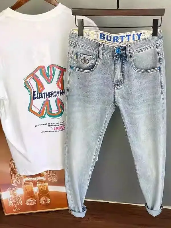 Light Blue Embroidered Jeans Men's Summer New Style Slim Fit Nine Points Washed Vintage High End Casual Pants Breathable