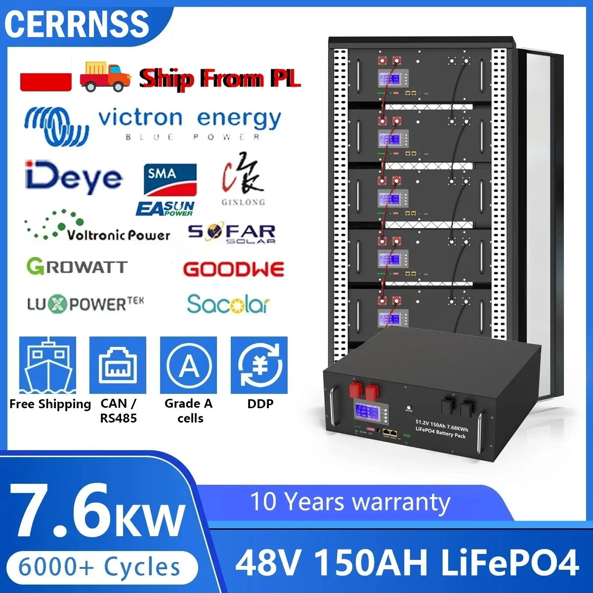 LiFePO4 Batterie 48V 150AH 7.5Kwh 51.2V 100AH 300AH 200AH Lithium-Solarbatterie 6000+ Zyklen Eingebauter Aktiver Equalizer BMS EU Polen Lokales Lager Schneller Versand 10 Jahre Vollständige Offizielle