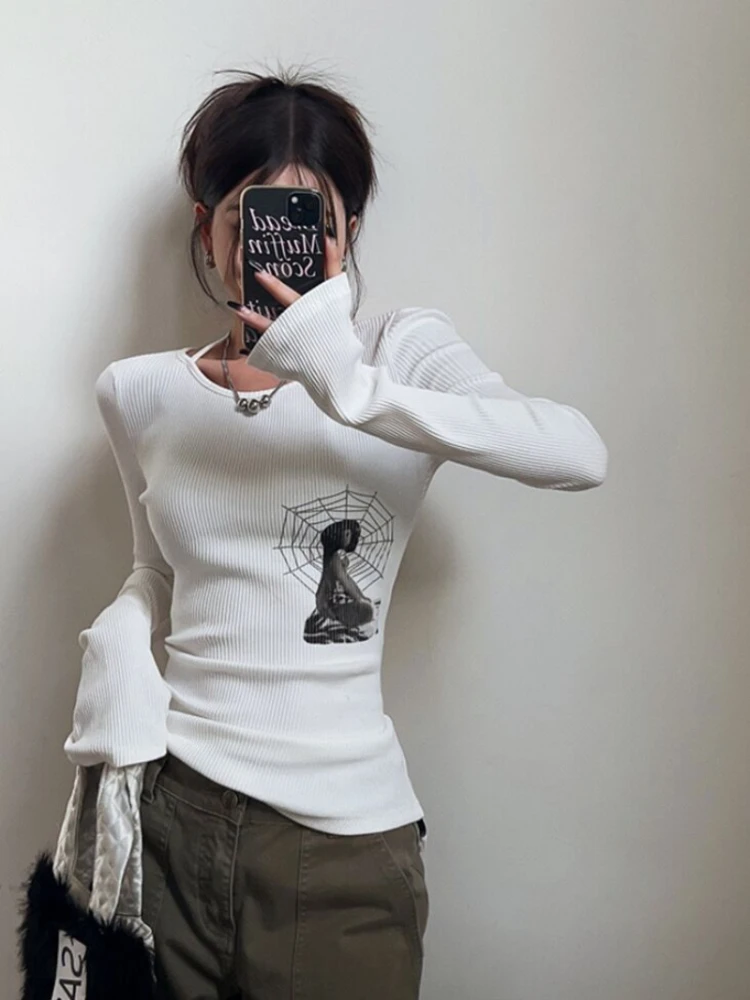 Tee Slim Grey Clothing with Print Top for Women Backless 2024 Tall Woman T-shirt Original Tshirt Korea Stylish Xxl Fitted Kpop O