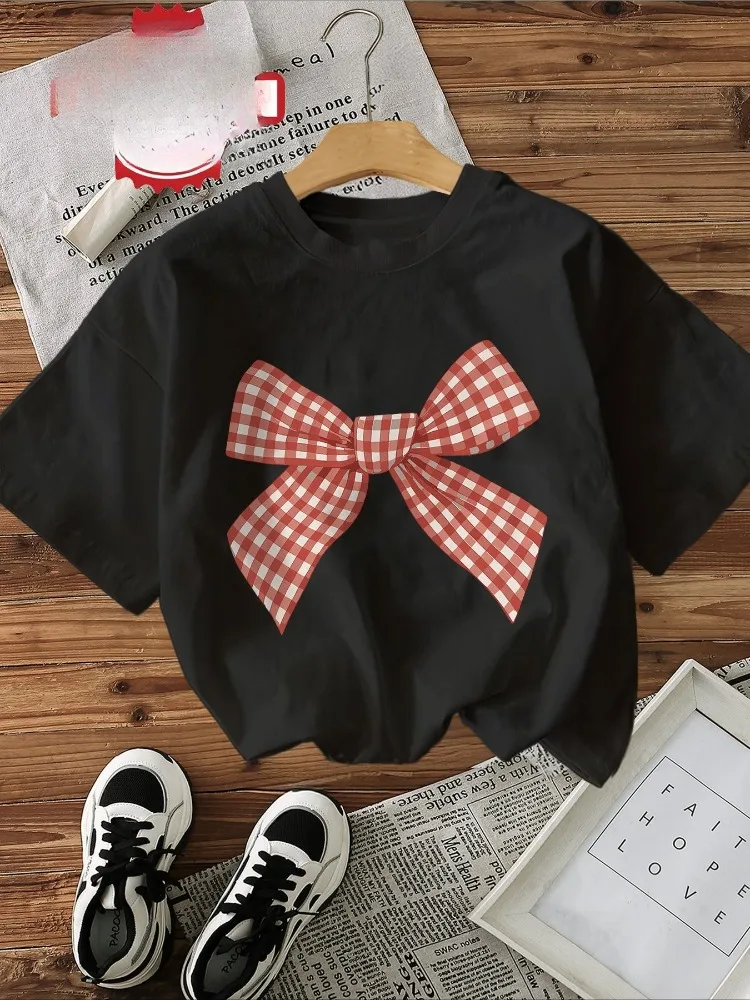 Checkered Bow Pattern Printed Women's Casual Short-sleeved Round Neck T-shirt Comfortable Regular Fit Everyday Wear