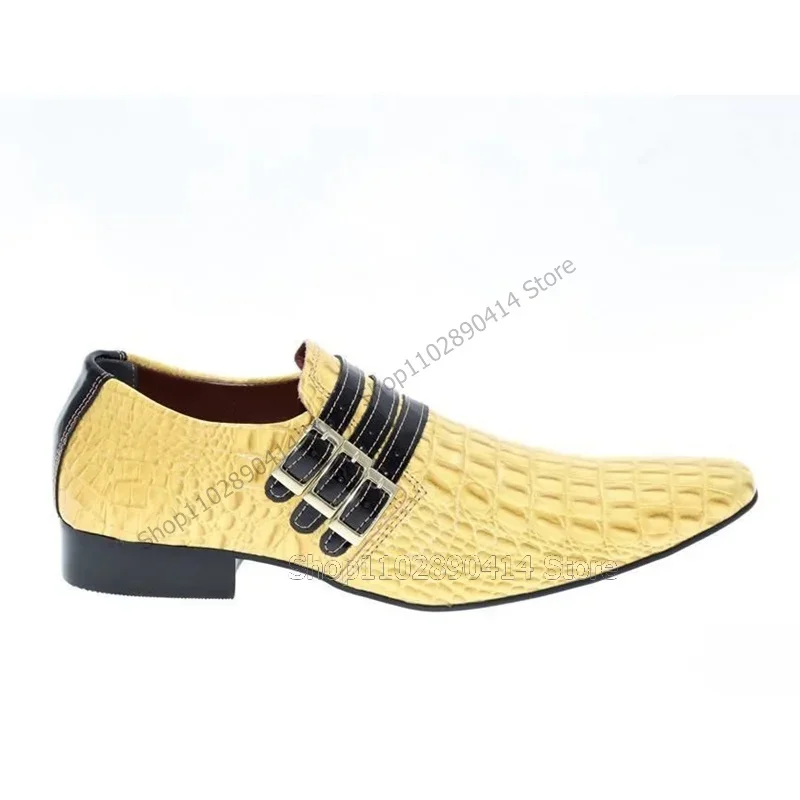 

Yellow Alligator Print Buckle Decor Square Toe Men Shoes Fashion Slip On Male Shoes Luxury Handmade Party Feast Men Dress Shoes