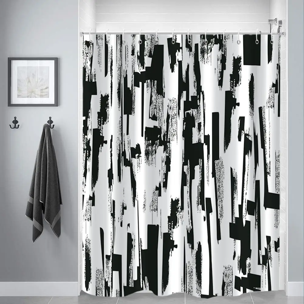 

Black and White Ex a Long Shower Curtain, Abs act Modern Ombre Art Painting Graffiti Machine Washable Waterproof Fabri