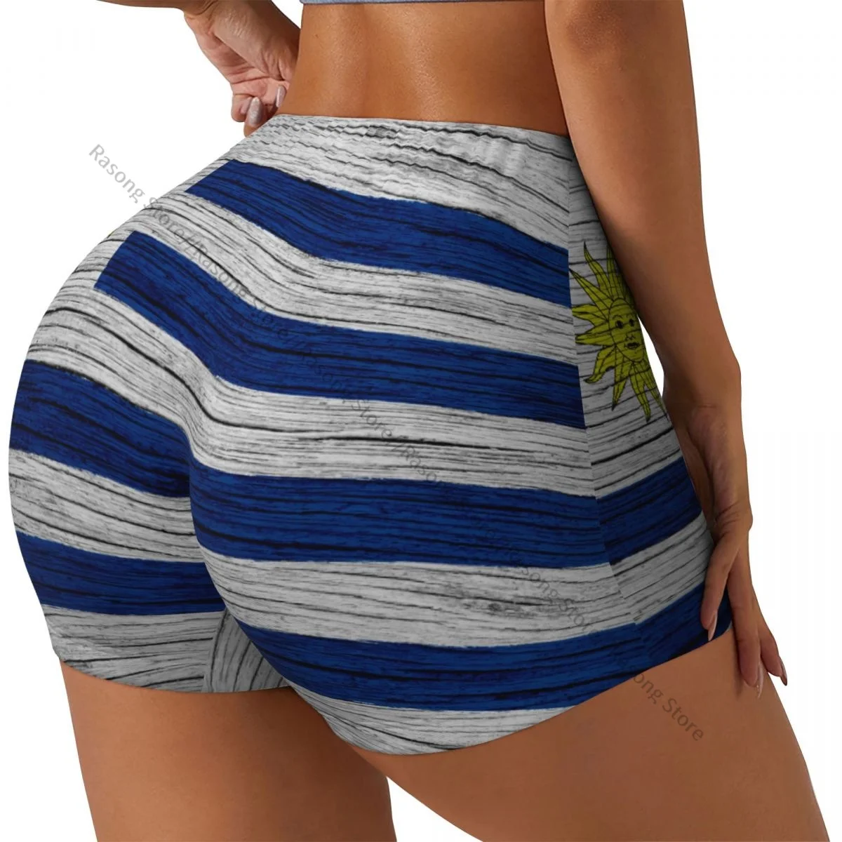 Spandex-Yoga-Shorts für Damen, Flagge von Uruguay, Holzstruktur, Workout-Booty-Shorts