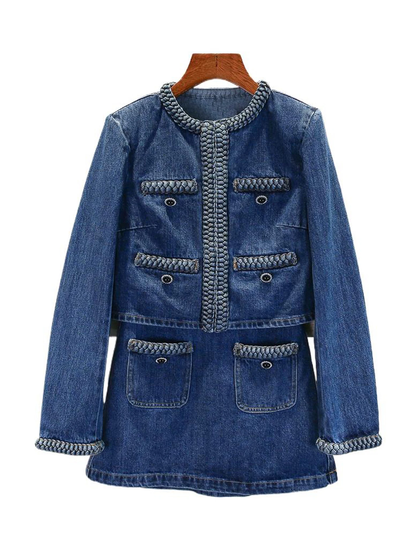 High-End Women's Denim Cardigan Coat +  Skirt Set Autumn Winter Waed Vintage Sle Faionable Two-Piece Ensemble