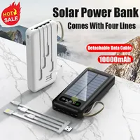 10000mAh Solar Power Bank Portable Charger Large Capacity Outdoor Fast Charging Phone PowerBank Shared Detachable Charging Cable