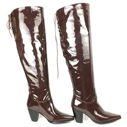 Women Square Toe Over the Knee Boots Brown Patent Lace Up Style Winter Boots