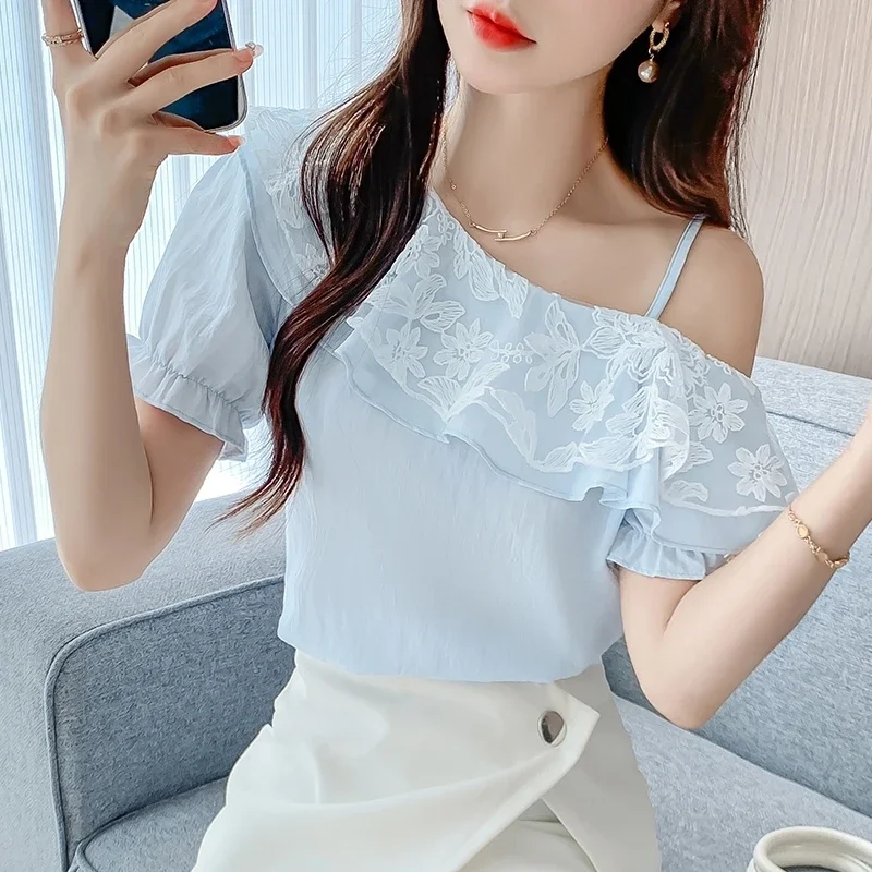 Women's Off Shoulder Lace Ruffle Blouse Summer Short Sleeve Asymmetric Chiffon Shirt Casual Slim Fit Tops