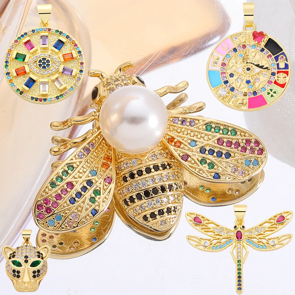 Juya 18K Real Gold Plated Handicraft Moon Star Flower Saint Mary Animal Tiger Leopard Dog Bear Greek Evil Eye Insect Bee Charms