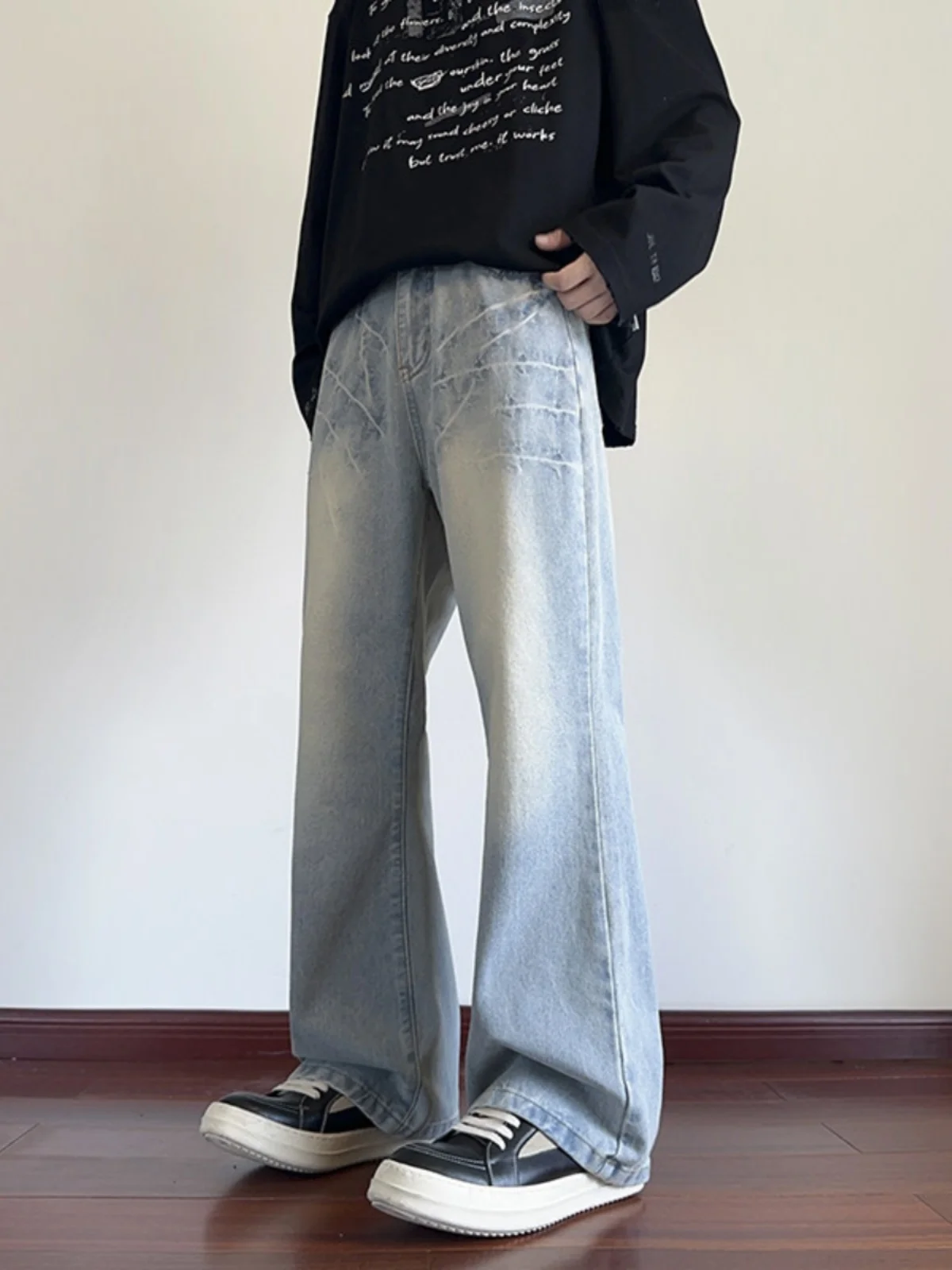 

American High Street Distred adient Waed Men's Jeans Autumn Straight Leg Pants Clean Fit Wide Leg Jeans Youth Trend