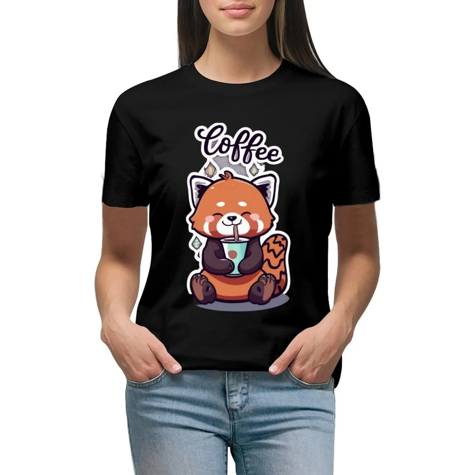 

Baby red panda drink coffee T-shirt vintage clothes kawaii clothes cute t-shirts for Women