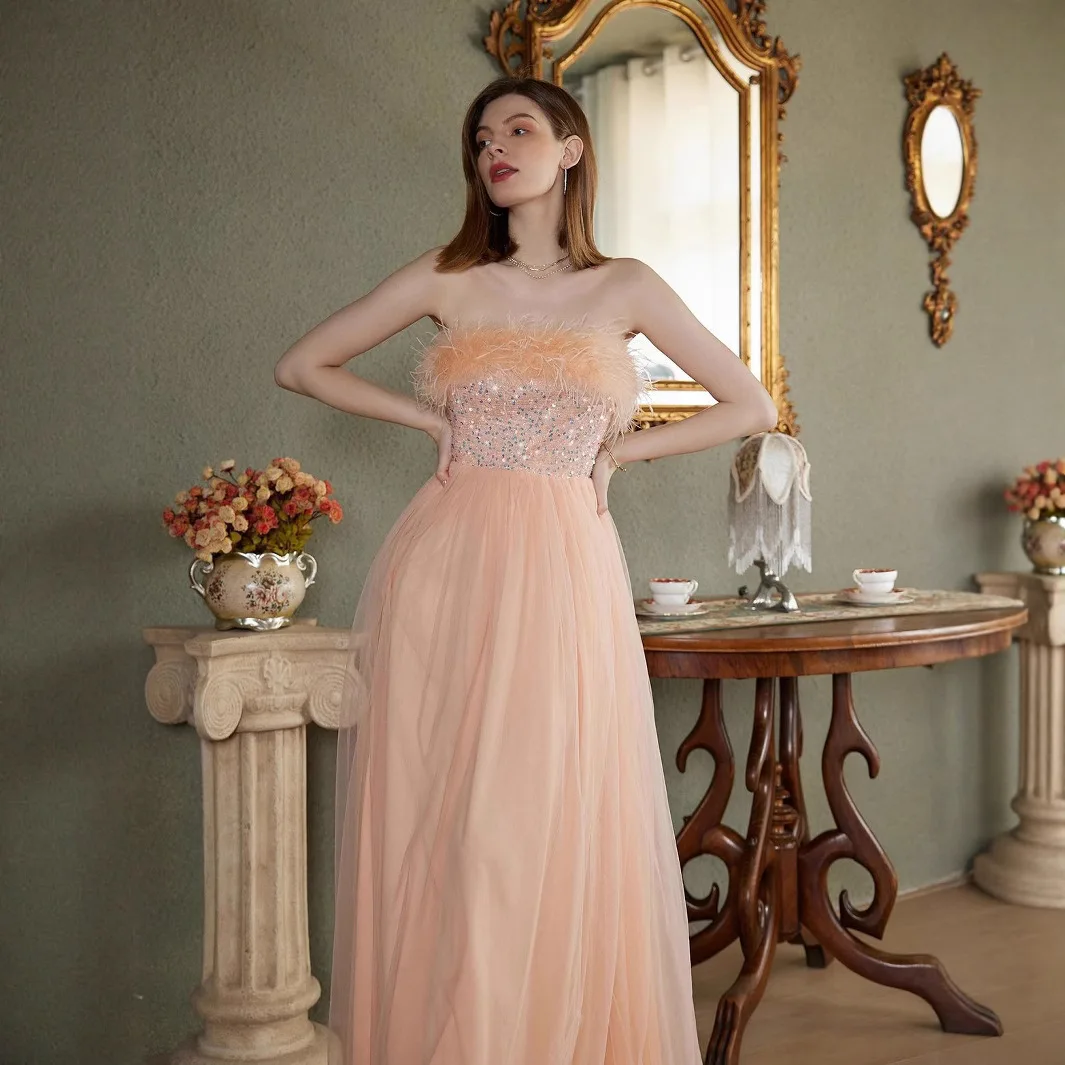 Nova cor sólida elegante sem alças luz de luxo verão lantejoulas festa vestido noite primavera 2025 vestido verão robe feminino