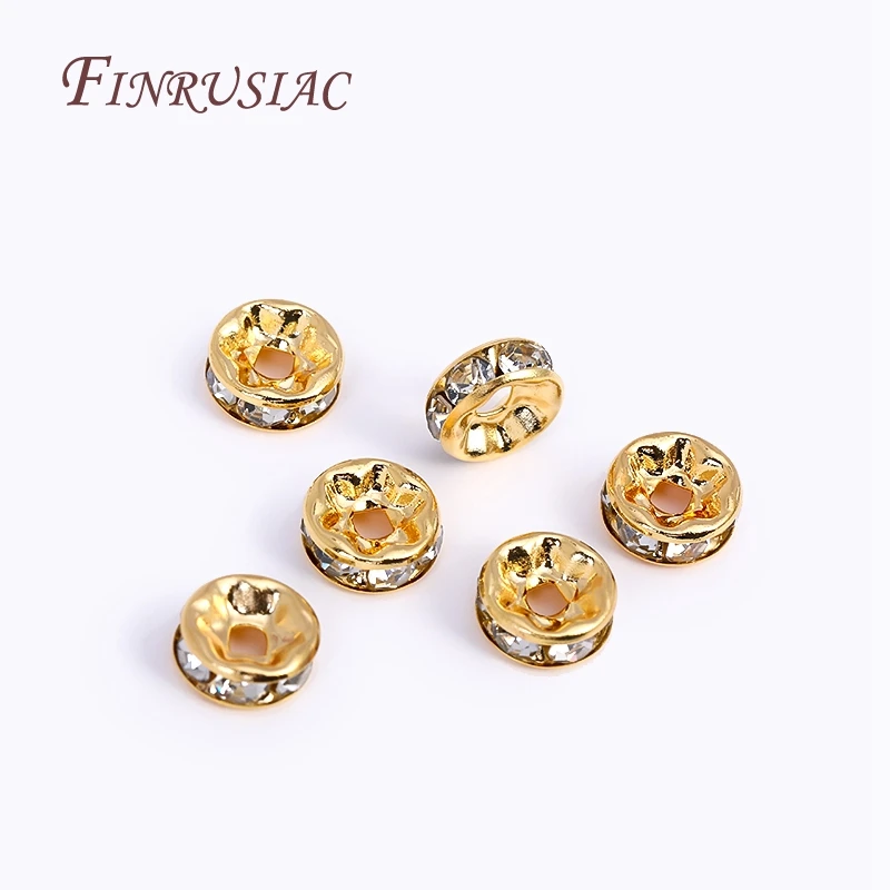 50/100pcs Round Loose Spacer Beads For Bracelet Making Accessories 4/6/8mm 18K Gold Plated Rhinestone Rondelles Crystal Beads