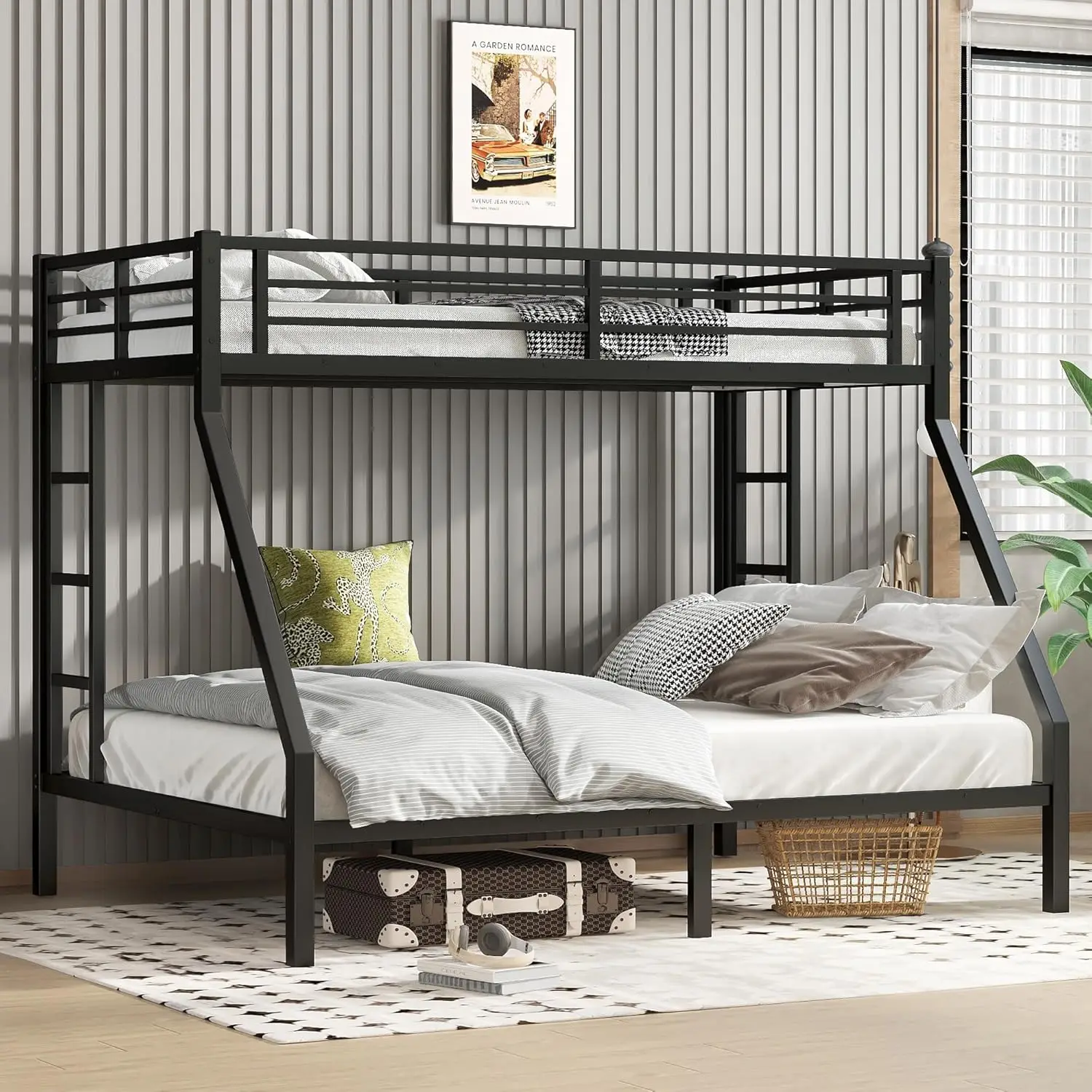 

Прочная металлическая двухъярусная кровать Twin XL над двуспальной кроватью Queen с защитным бортиком и лестницами для взрослых, детей и подростков