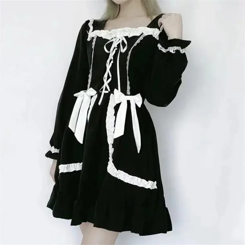 

Spring and Autumn Mori Girl Style Dress Women Ruffles Patchwork Square Collar Japan Lace Up Female Black Dress Women Clothing