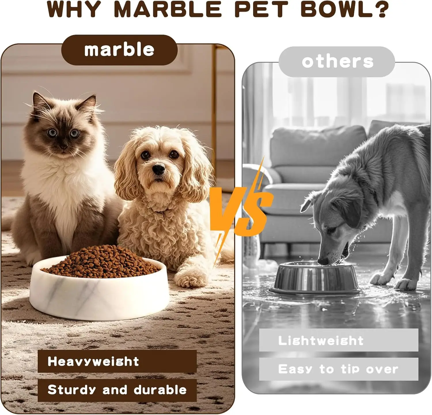 

White Marble Dog Bowl Non-Slip Heavy Duty Pet Food Dish Large Weighted Stone Bowl Holds 6 Cups