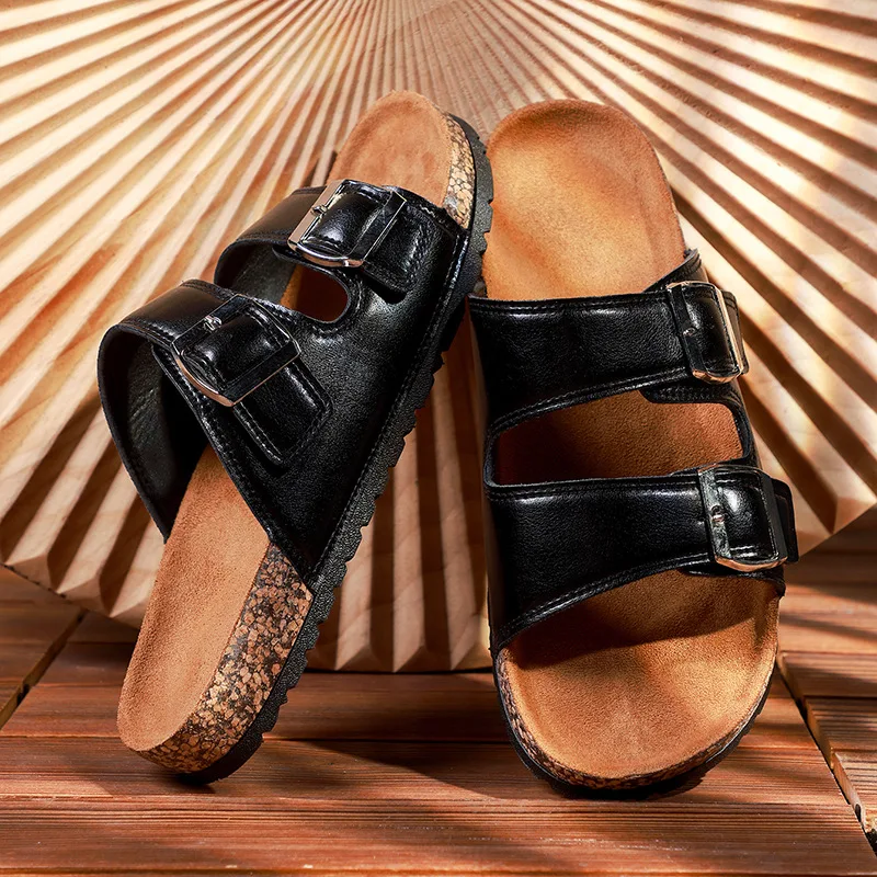 New Mens Leather Cork Herringbone Slippers for Men and Couples Retro Summer Moeller Women Slippers Fashion Casual Beach Sandals