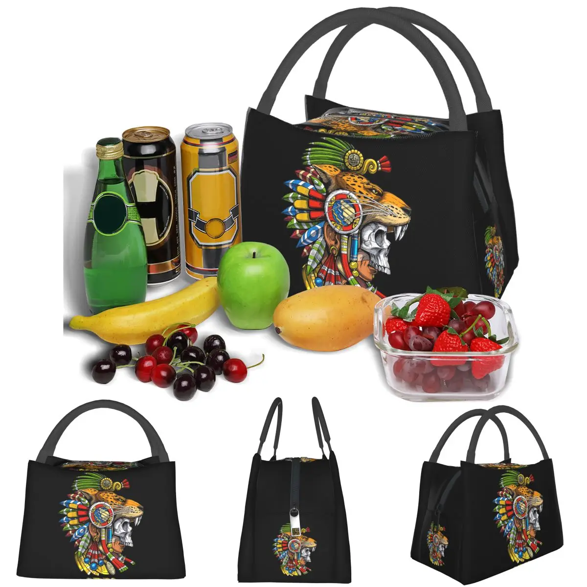Aztec Skull Jaguar Warrior Mask Mayan Mythology Aztec Mask Lightweight Handheld Insulated Lunch Bag Large Capacity Travel Picnic
