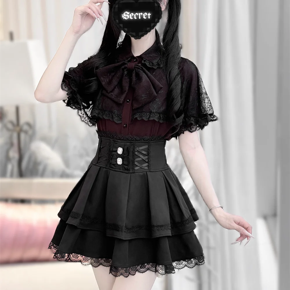 Japanse Mijn In massa geproduceerde Lolita Korte Mouw Zomer meisje Vrouwen Subcultuur Kant Cape Boog Lolita Shirt Top Mini rok