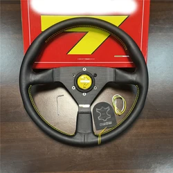 14inch/350mm For momo Italy Black Genuine Leather Drift Sport Steering Wheel Yellow line Flat modified steering wheel