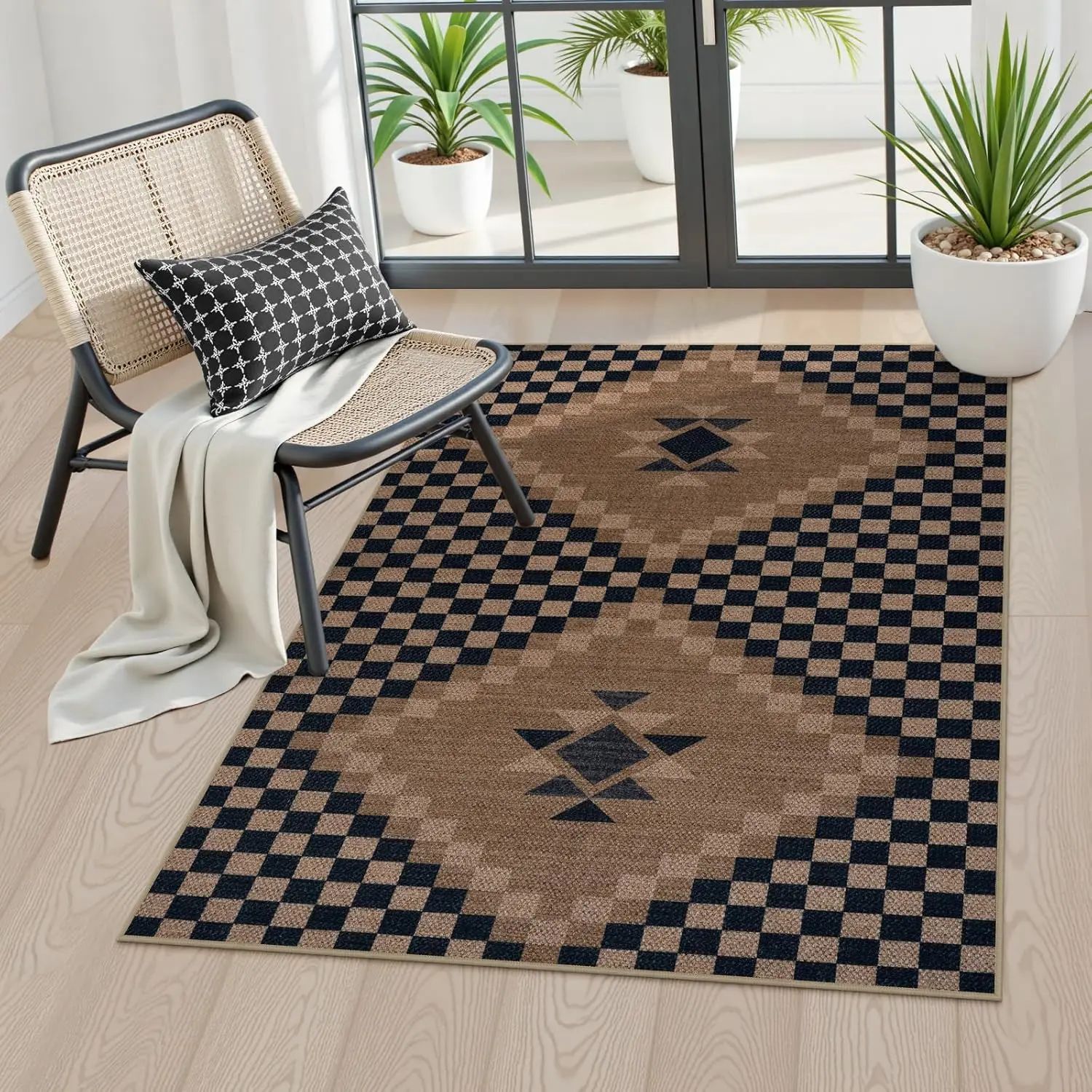 Modern Checkered Kitchen Rugs Non Slip, Ultra Thin Door Rug for Entryway Indoor, Farmhouse Black and Tan Rug for Outdoor Front