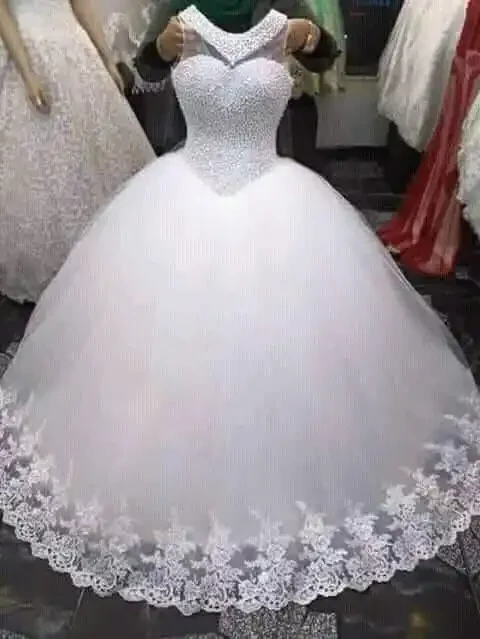 Customized Full Pearls Beaded Puffy Plus Size Floor Length White Ivory Cheap Wedding Dresses