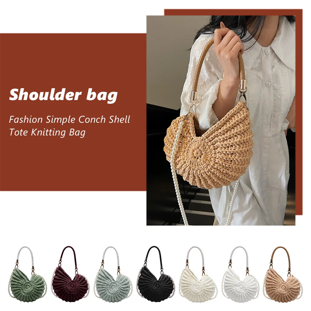 

Handwoven Seashell Bag Fashion Beach Evening Bag with Pearl Strap Straw Handbag for Women Wedding Party