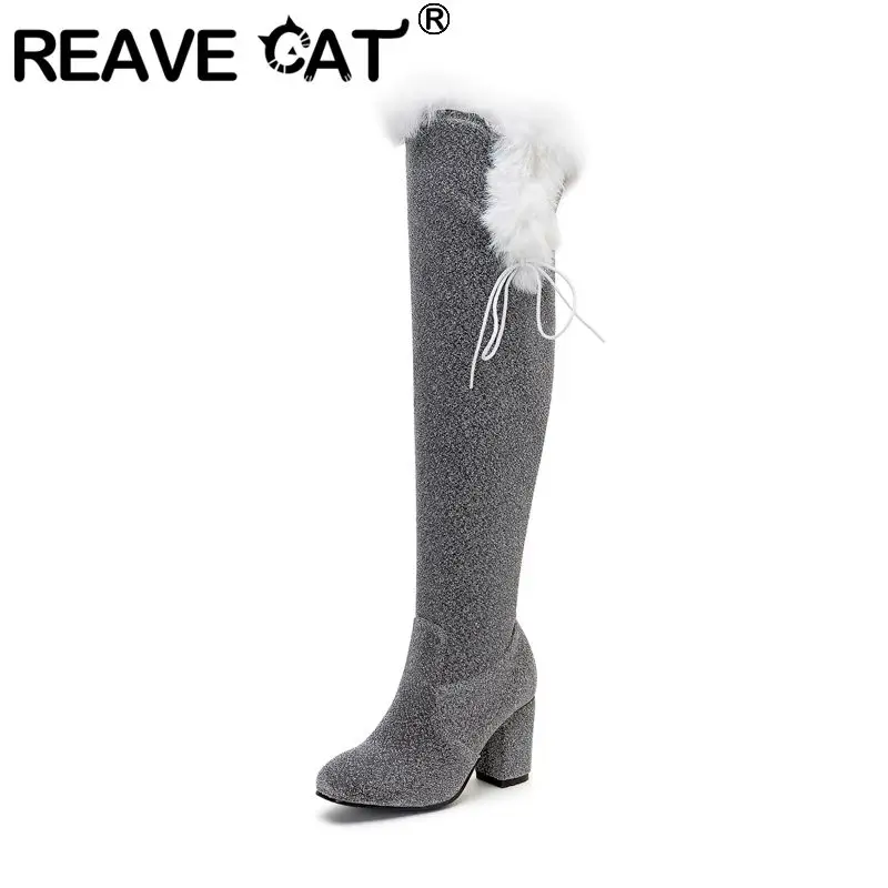 REAVE CAT Black Women's Winter Thigh Boots Square Toe 8.5cm Block Heel Zipper Plus Size 43 44 45 Soft Warm Rabbit Fur Snow Botas