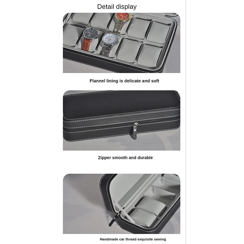 Zíper caixa de relógio à prova de poeira 6/10/12 slot couro do plutônio escudo preto portátil masculino e feminino jóias relógio armazenamento atacado