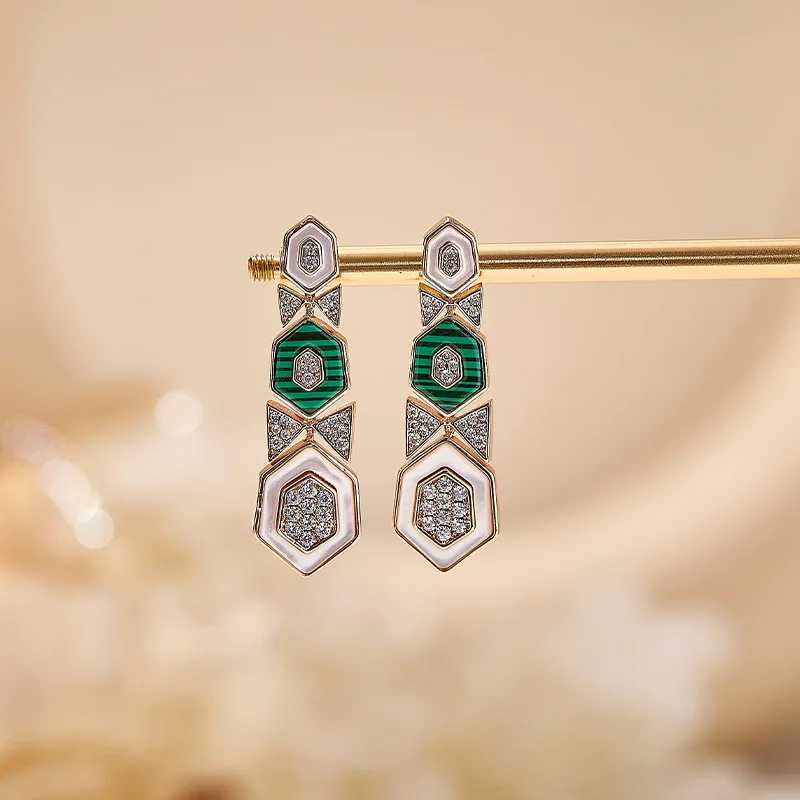 

Designer Collection Style Long Stud Earrings Women Lady Inlay Cubic Zircon Mother Of Pearl Malachite Tassels Eardrop