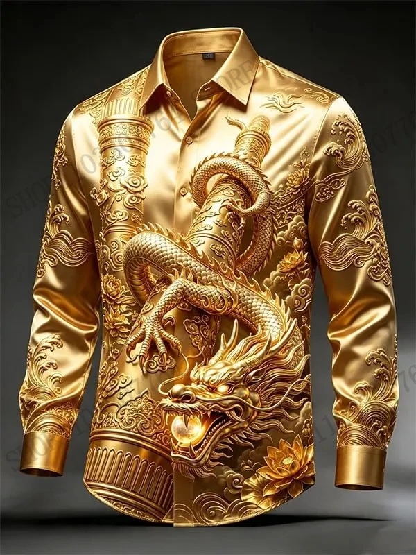 New Mens Chinese Dragon Full Sleeve Shirt Golden Great Dragon 3D Print Shirt Men/Women Fashion Luxury Shirts Asian Style Camisas