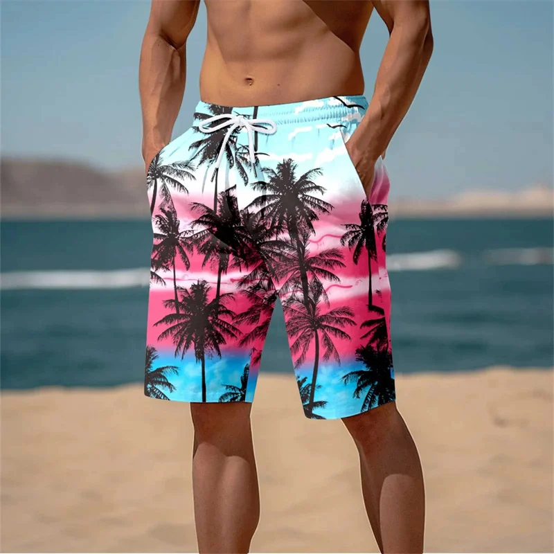 Summer New Harajuku 3D Cocoanut Trees Printing Beach Shorts Palm Tree Graphic Board Shorts For Men Hawaiian Cool Swimming Trunks