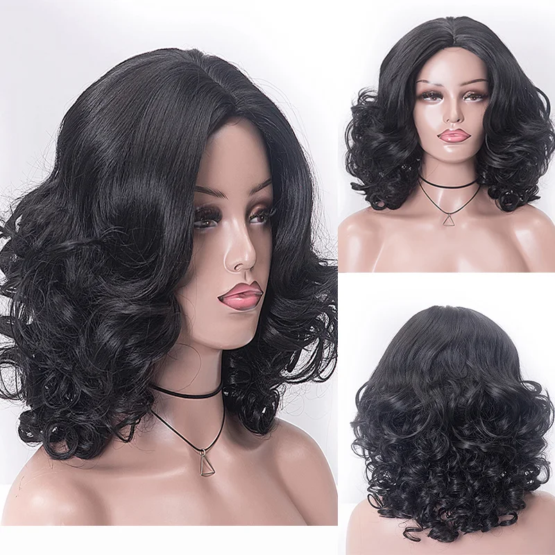 

Синтетические черные парики средней длины, натуральные волнистые искусственные волосы для женщин, черные волосы средней длины, парики для косплея, Боб, для повседневвечерние