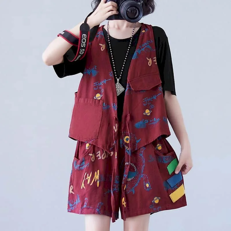 

Shorts Set Loose Korean Style Casual Denim Pants Sets Sleeveless Vest and Wide Leg Shorts Two Piece Sets Women Outfits Suits