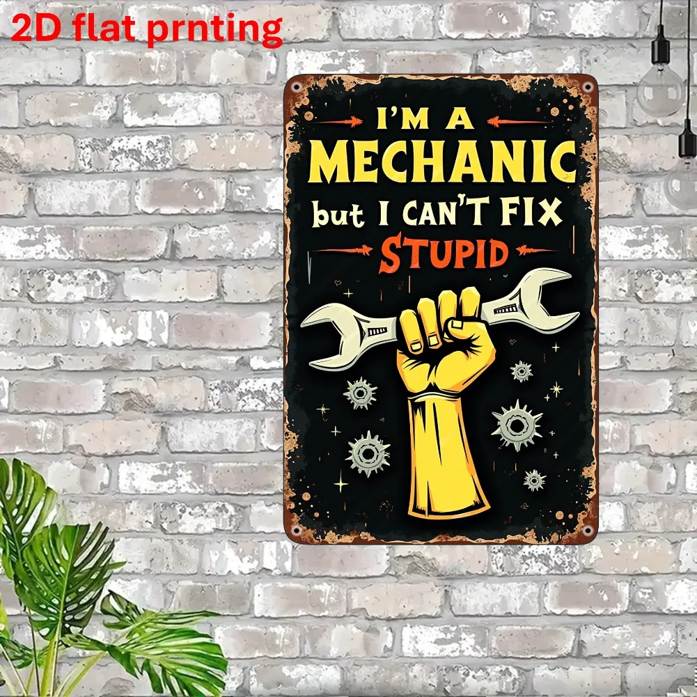 

2D Flat Printed Metal Sign - Vintage Worker & Tools Design, Gift for Car Enthusiasts Mechanics Humor Lovers