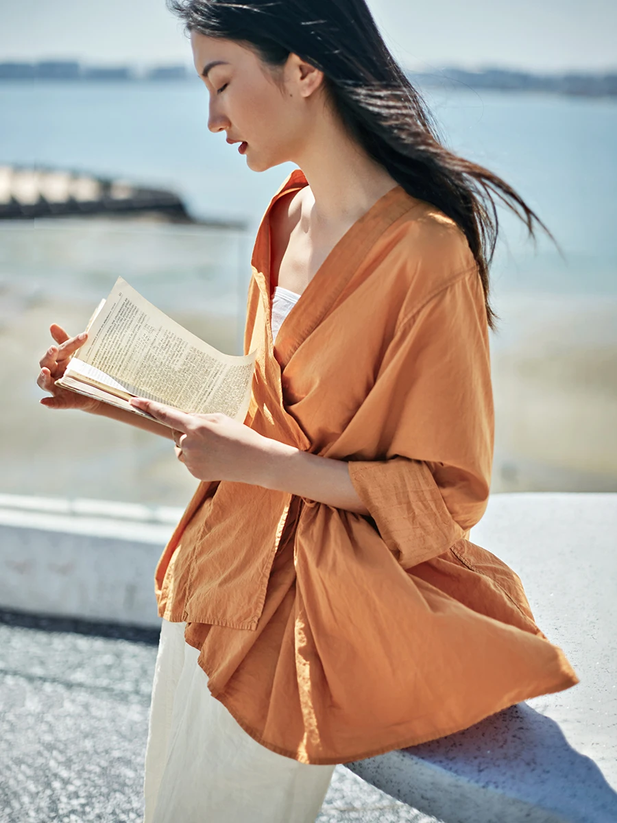 

Artistic Rvated Hanfu irt Women's Belted High-Waist Cotton Long Sve V-Ne Breathable Spring Autumn Top