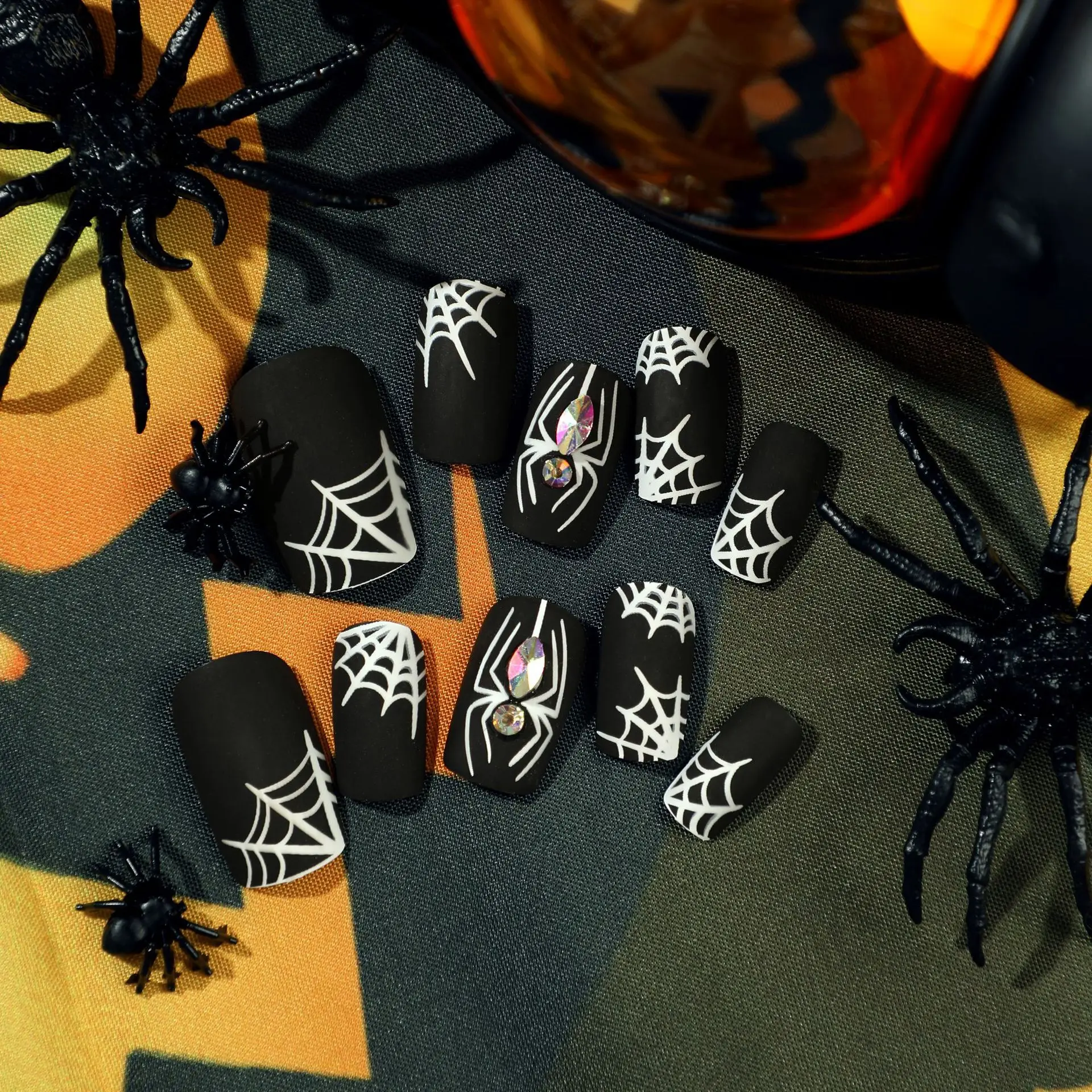 

24Pcs Medium Square Press on Nails - Halloween Black Matte with Textured Spider Web and Diamond Spider Accents