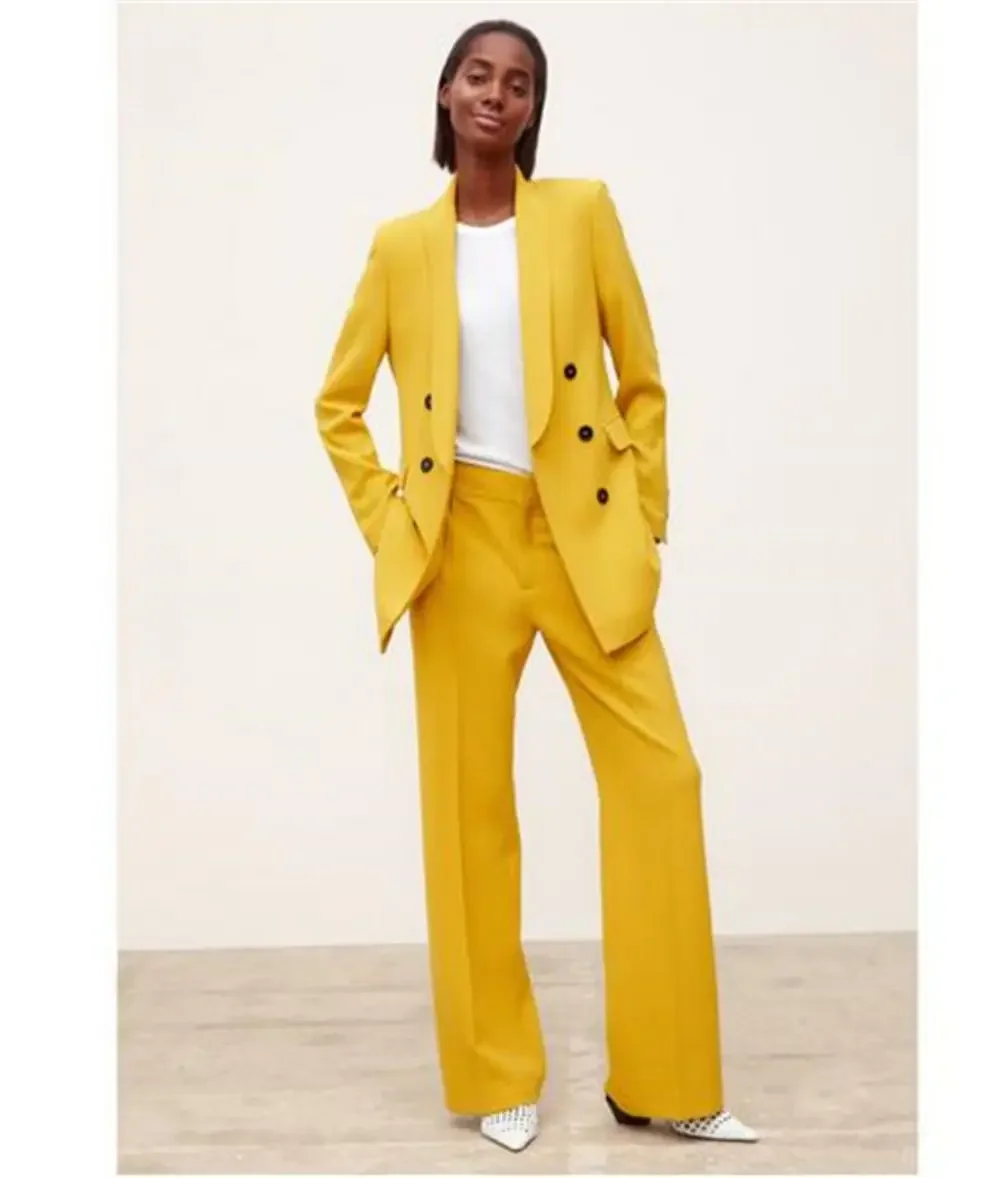 Costumes pantalons jaunes pour femmes, manteau croisé et pantalon, blazer décontracté à manches longues pour dames de bureau, jambe droite, mode