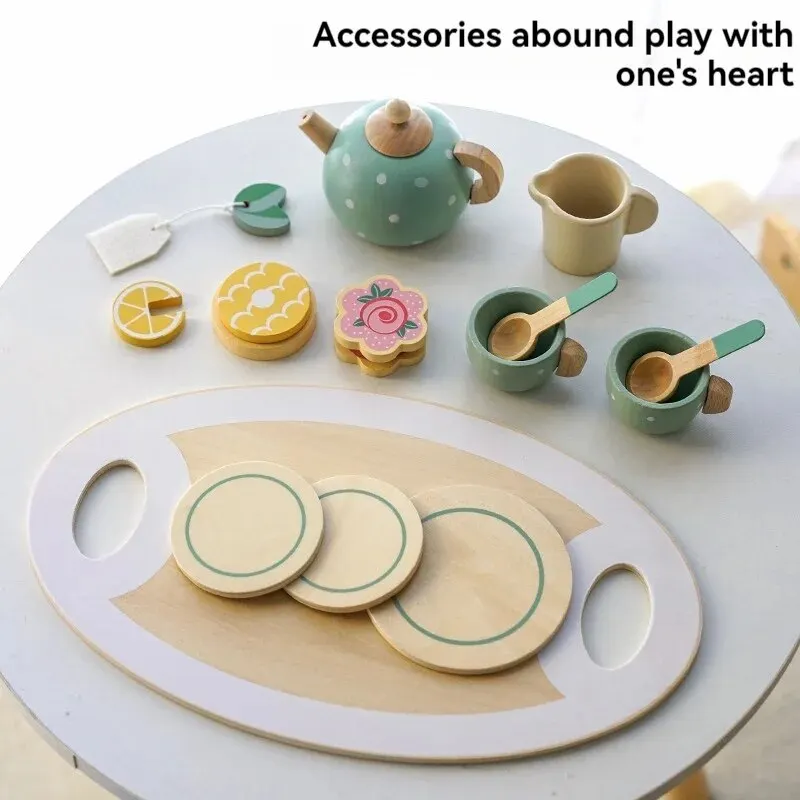 Wooden Children Play Home Early Education Simulation Afternoon Tea Dessert Cake Tea Set Selling Role Play Educational Toys