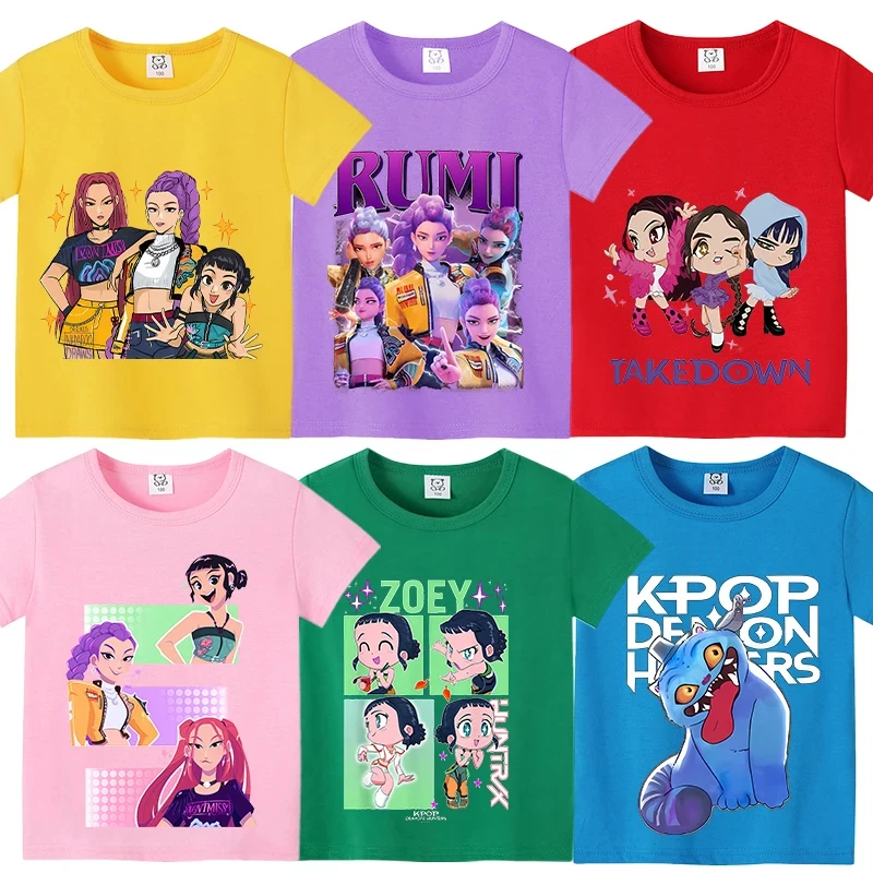

KPop Demon Hunters T-shirt Children Clothing Boy Girl Baby Kawaii Anime Short Sleeve Kid Casual Sports Cotton Tee Home Dress Top