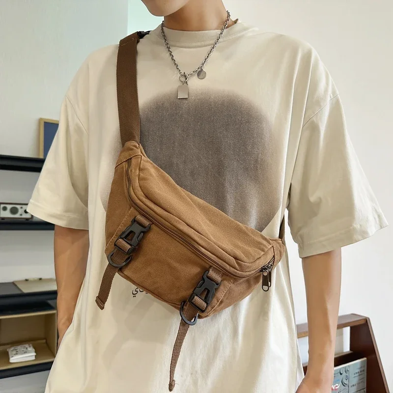 Men\'s Waist Bag High Quality Street  Army Green Canvas Crossbody Chest Bag Female Hip Phone Purse Male Casual Satchel Fanny Pack