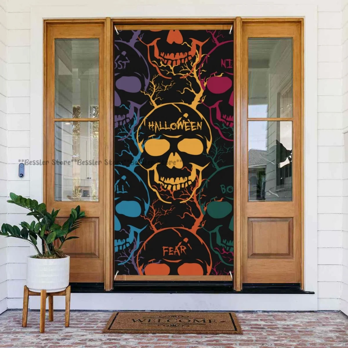 Door cover banner Halloween Colorful Skulls holiday house decoration general purpose 35.4x70.8 inch