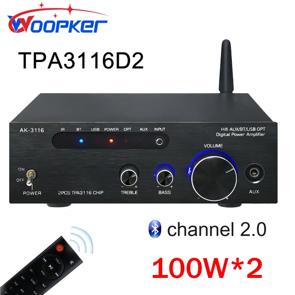 Woopker Sound Amplifier TPA3116 D2 100W Mini HiFi Stereo Class D Amplifier Bluetooth Audio Amplifier Woofer Tweeter Home Theater