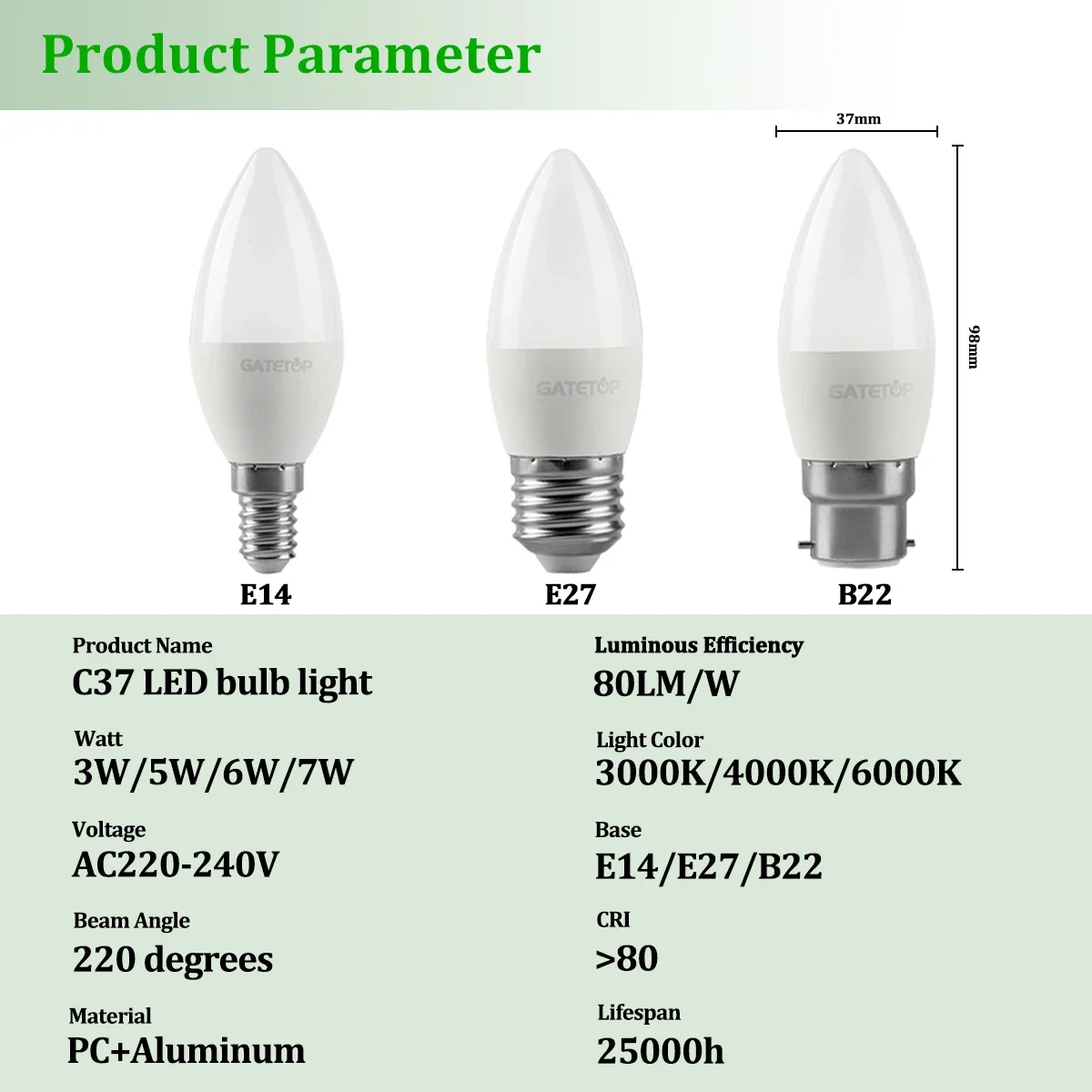 4pcs Energy Saving Led Candle Bulb Lamp C37 E14 E27 B22 AC 220V Lamp 3W 5W 6W 7W Led Chandelier Light for Home Decoration