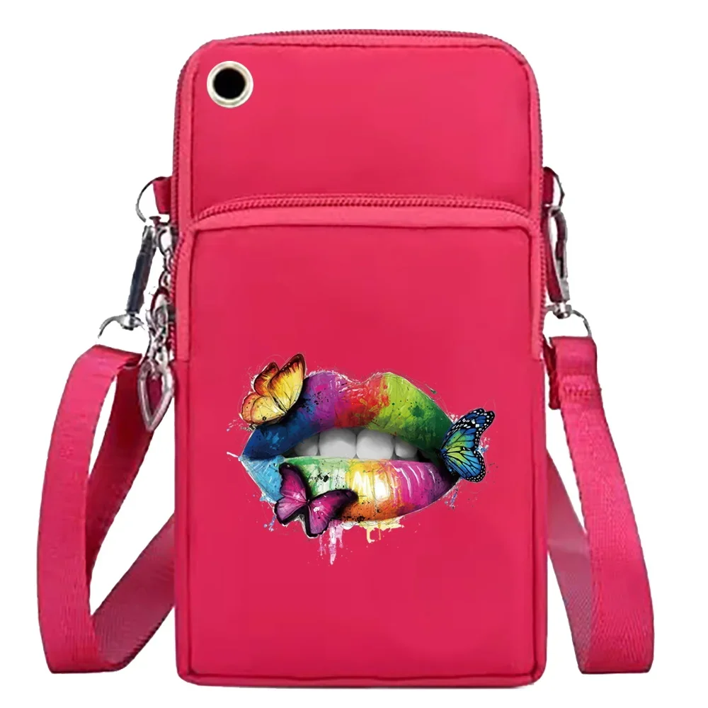 Mobile Phone Bag Wallets Women Shoulder Crossbody Bags Mouth Print Arm Pack for Apple/Huawei/Xiaomi Cell Phone Packet Organizer