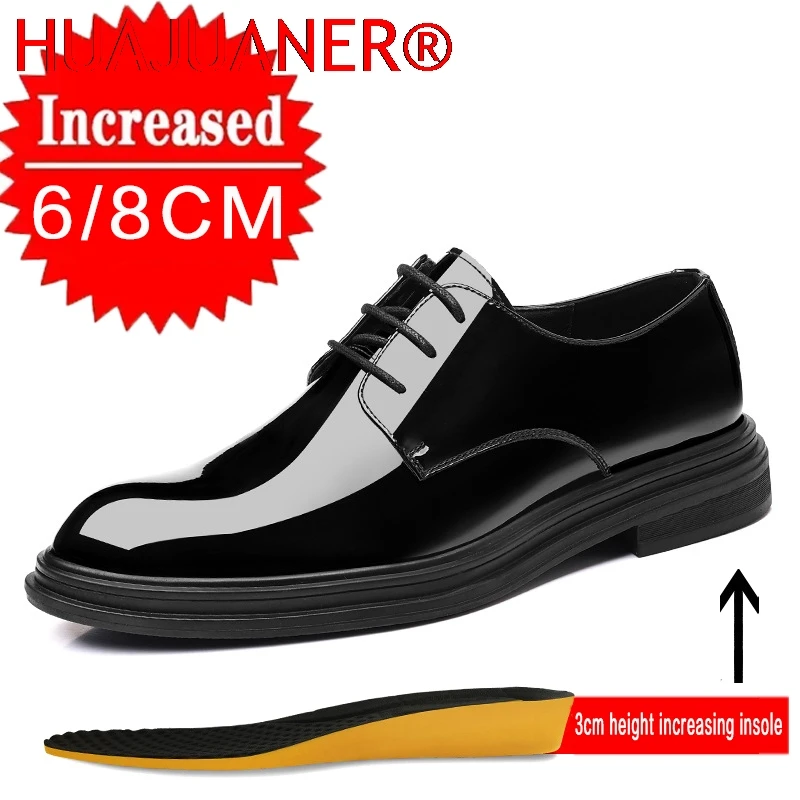 Men's Business Height Increasing Shoes Invisible Height Increase of 6/8cm Men's Dress Shoes Black Bright Upper Wedding shoes