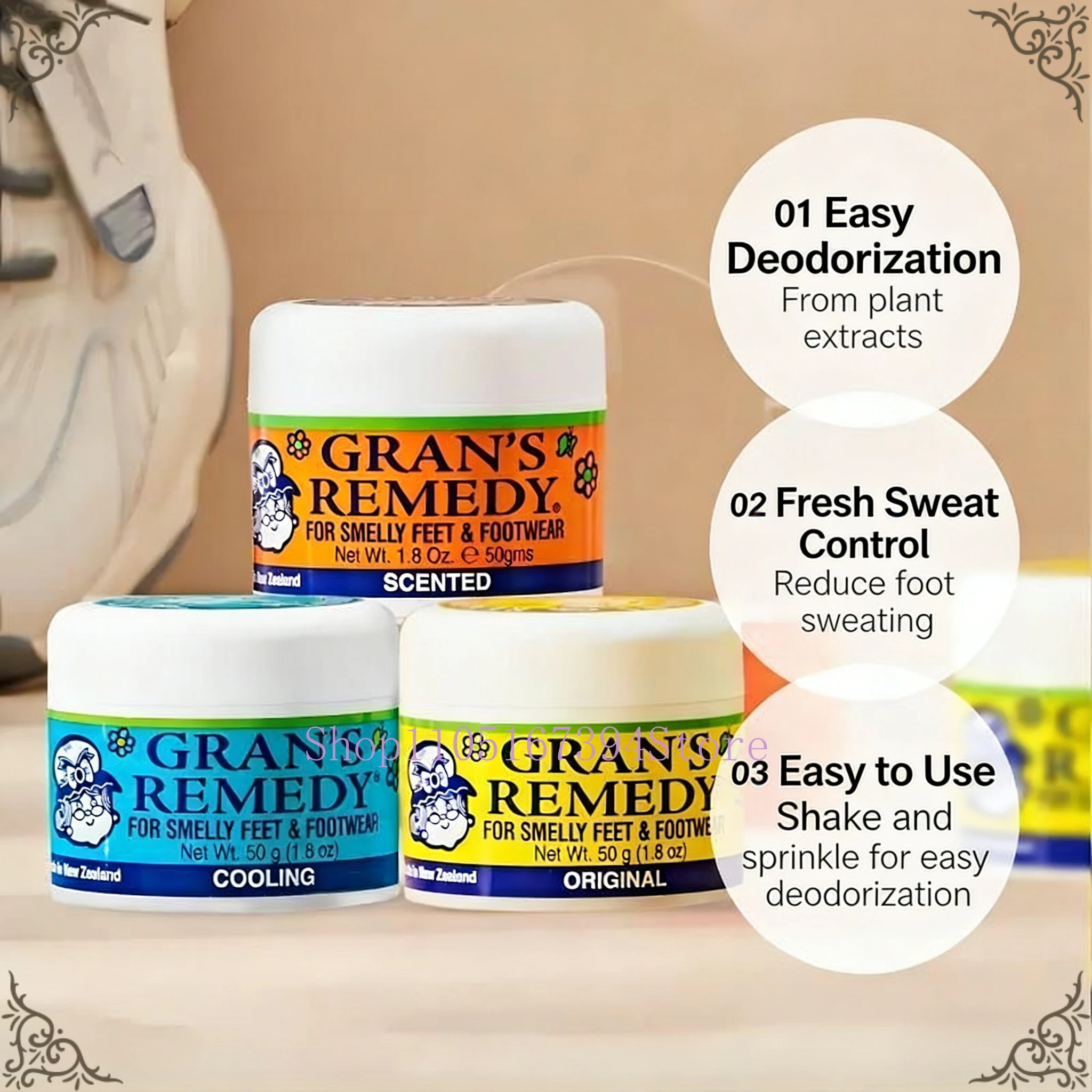 Gran's Remedy Foot Powder Natural Shoe Deodorizer Eliminator Odour Control Foot Care Powder Smelly Feet Footwear Treatment
