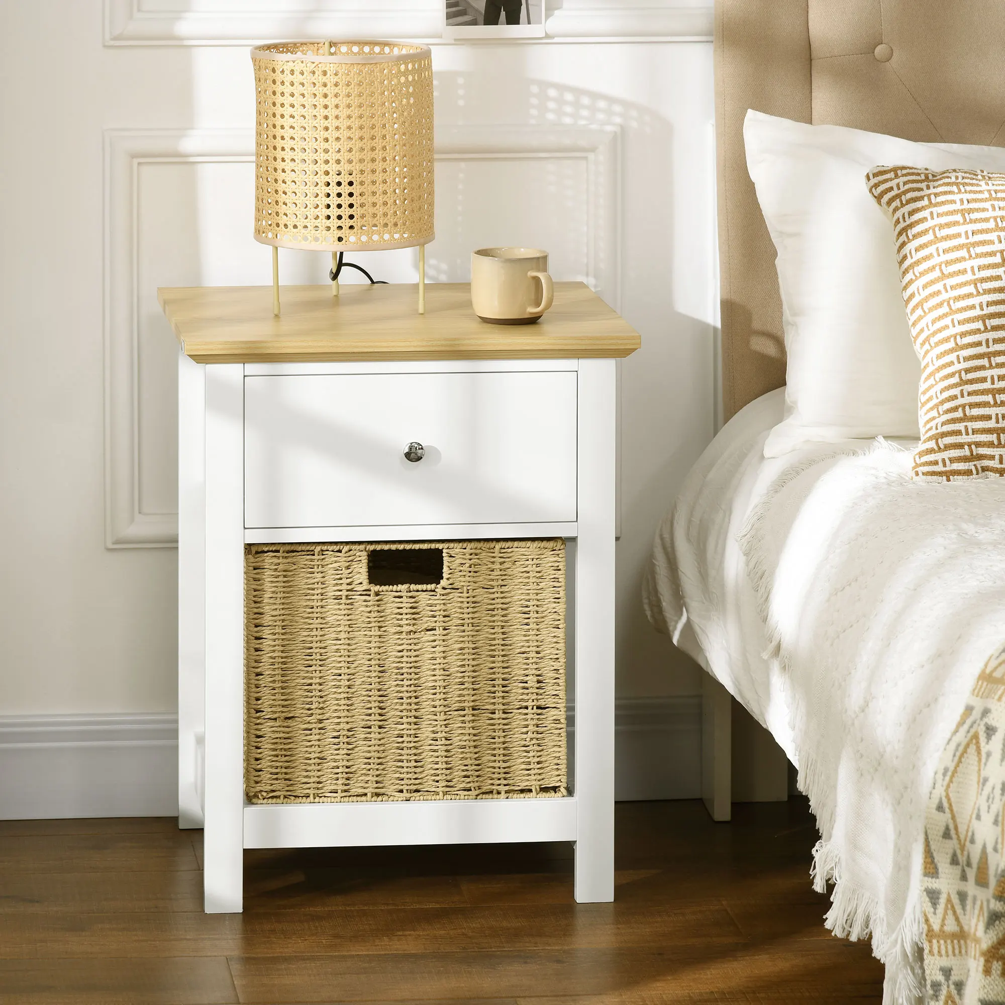 HOMCOM modern bedside table with drawer and folding rattan basket 49x39x64 cm